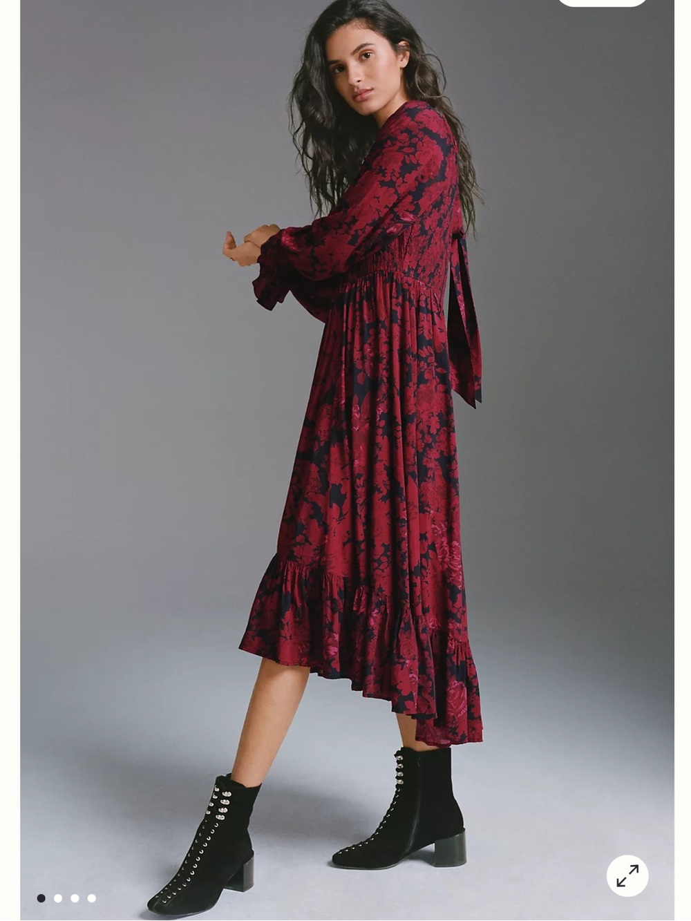 Anthropologie Let Me Be Sharlene Tiered Midi Dress US 6 Cranberry Floral Boho B9 - Picture 4 of 16